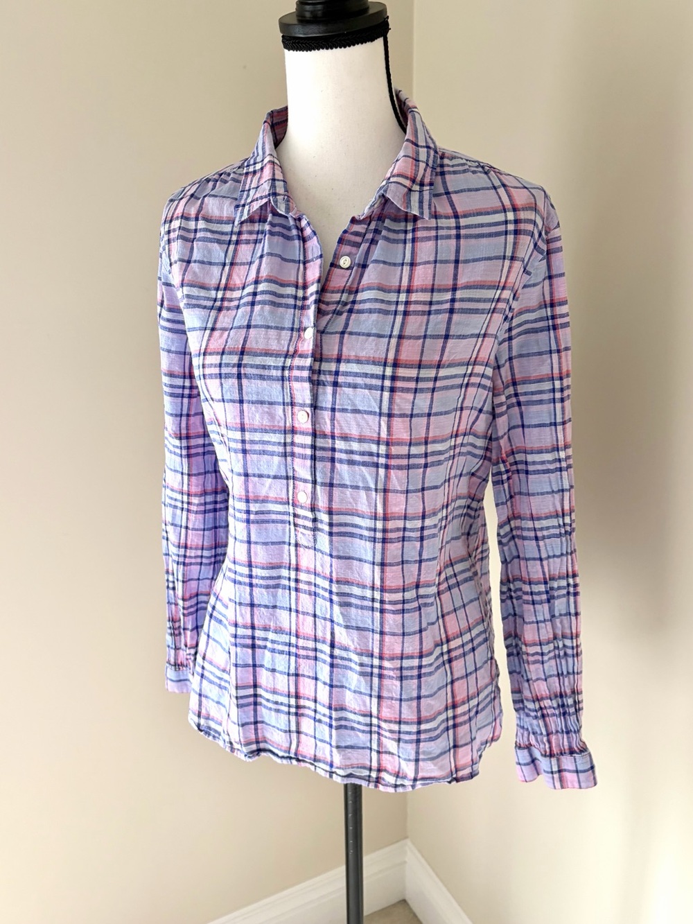 J.Crew Plaid Cotton Popover Shirt Blouse Pink Blue Size 12 - Picture 3 of 8
